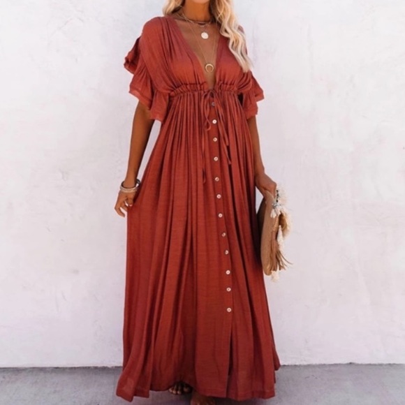SOLD OUT Red Gauze Boho Button Maxi Coverup Dress - Picture 2 of 10